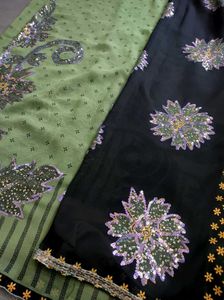 Green &amp; Black Worked Saree...