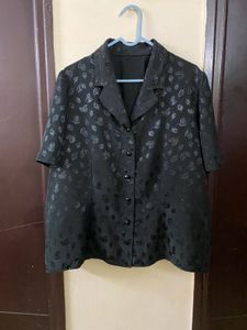 Vintage Black Leaf Print Button-Up Top Fits L-xxl