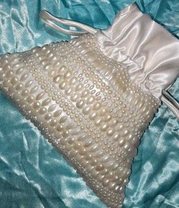 Satin Hand Bag With Beautiful White Pearls