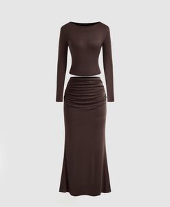 Brown Long Sleeve Dress Set