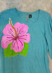 Blue Top with Floral Applique