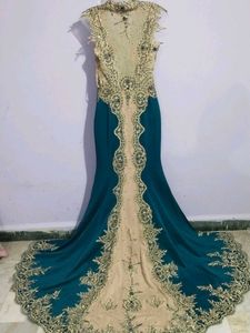 Y2k Vintage Teal &amp; Gold Embellished Formal Gown