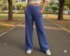 Blue Knit Wide Leg Pants