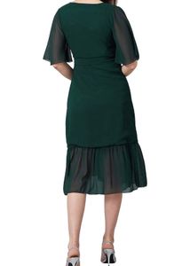 Green color Midi dress, v-neck, Without Belt