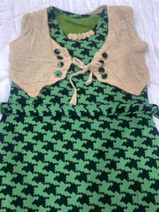 Green Dress With Jute Shrug Set