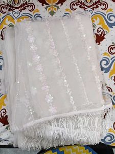 Elegant Embroidered Net Fabric with Fringe