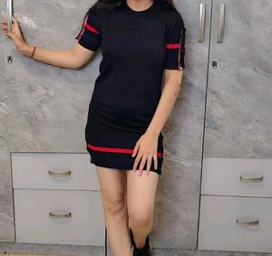 Sporty Black Mini Dress with Red Stripes