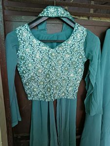 Teal Embroidered Crop Top &amp; Palazzo Set