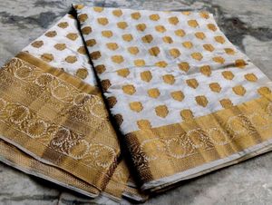 Half White Gold Pure Dola Silk Saree