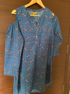 Blue Printed Cold Shoulder Top