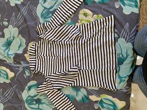 Black &amp; White Striped Cold-Shoulder Top with Ruffl