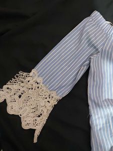 Striped Off-Shoulder Top with Lace Sleeves