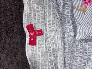 Guess Striped Floral Embroidered Off Shoulder Top