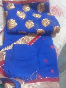 Blue &amp; Gold Embroidery Zari work Saree