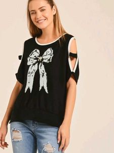 Black Cold Shoulder Bow Tee