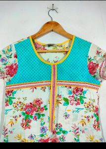 White And Teal Casual Kurta