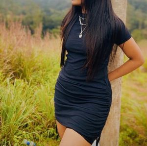 Black Ruched Drawstring Bodycon Mini Dress