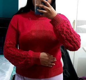 Jealous 21 Red Sweater Top With Patterns On Sleave