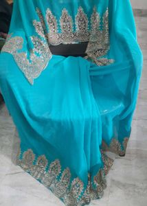 Teal &amp; Gold Embroidered Saree