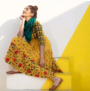 RustOrange Yellow Floral Print Dress with Scarf