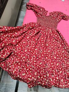 Red Floral Print Smocked Dress