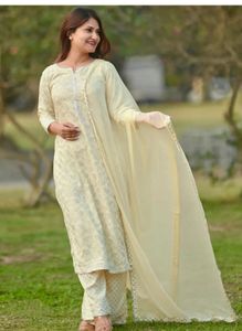 Elegant Cream Printed Kurti Plazo Set