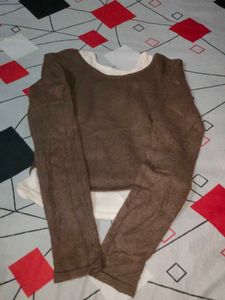 Brown Ribbed Mock Layered Pullover