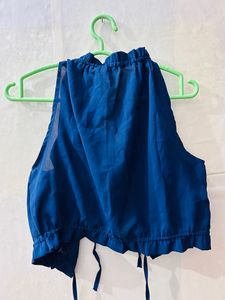 Navy Blue Backless Tie Knot Top Women