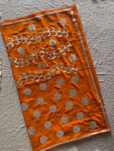 Orange Sequinned Heavy Saree