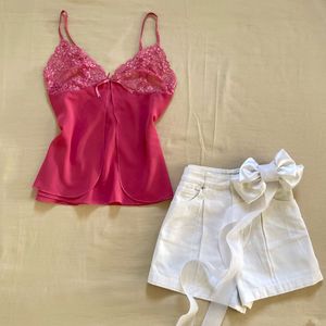 🎀Rosy pink bow detail lace double layer top🎀