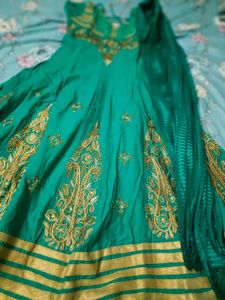 Teal &amp; Gold Embroidered Anarkali