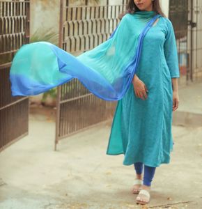 Sky blue and green aline kurti with dupatta