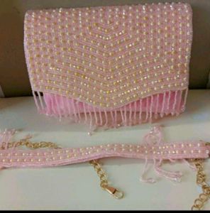Pink Beaded Fringe Evening Bag with Chain Strap