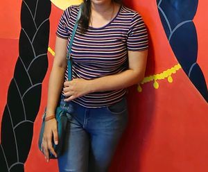 Stretchable Ribbed Max Striped Blue And Pink Tshirt For Women