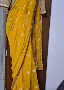 Yellow Border Saree With Golden Blouse