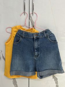 Denim Shorts With Cute Yellow Tank Top