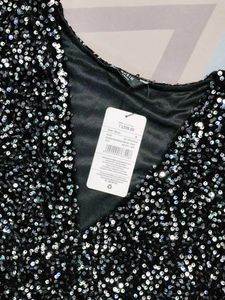 Shein Party Silver Puff Sleeves Embellished Dress