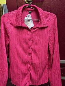 Pink Plisse Button-Down Top