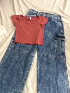 Cute Top & cargo Jeans Set