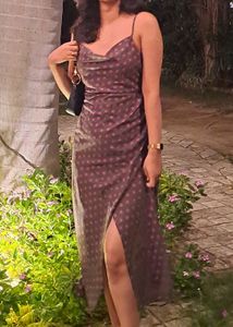 Zara Olive Green Polkadot Slit Dress