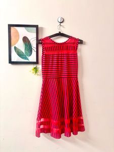 Cute Red Striped Stretchable Fit &amp; Flare Dress
