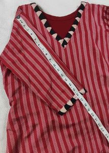 XL Red-Maroon Semi Silk Striped Kurta
