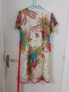 Cream Dress With Red Lace Around Waist