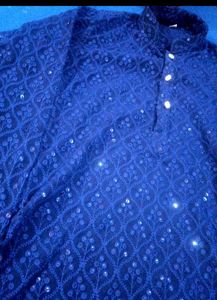 Blue Embroidered Kurta And T-shirt Combo