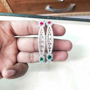 Pure Sterling Silver Pink&amp;Green CZ Bangles 1 Pair.
