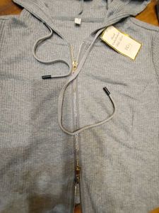 Gray Ribbed Zip-Up Hoodie