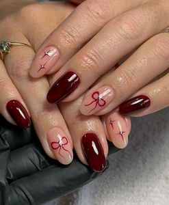 Burgundy Bow and Star Nails
