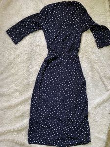 Navy Polka Dot Tie-Neck Midi Dress