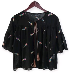 HSTYLE Black Feather Design Tie-Neck Dress Women