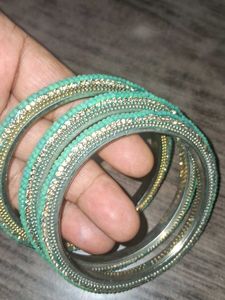 Teal &amp; Gold Beaded Bangles (Set of 3)
